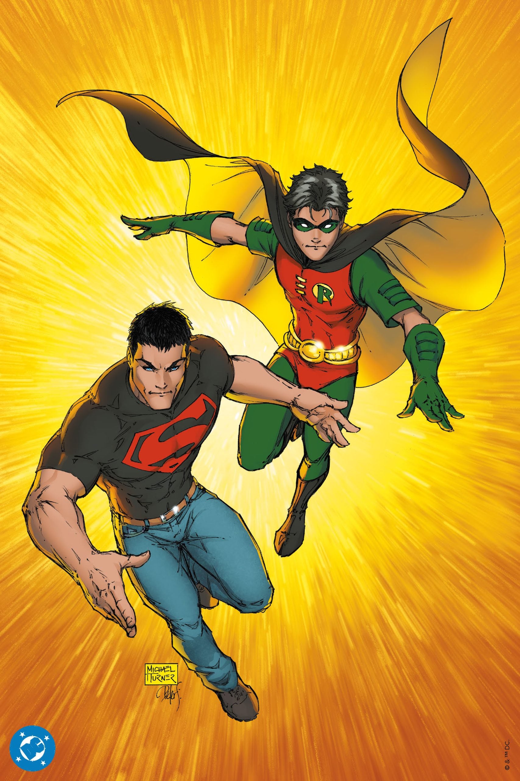 Two superheroes, one in a black shirt with a red "S" and another in a red and green costume with a yellow cape, fly against a bright, glowing yellow background.