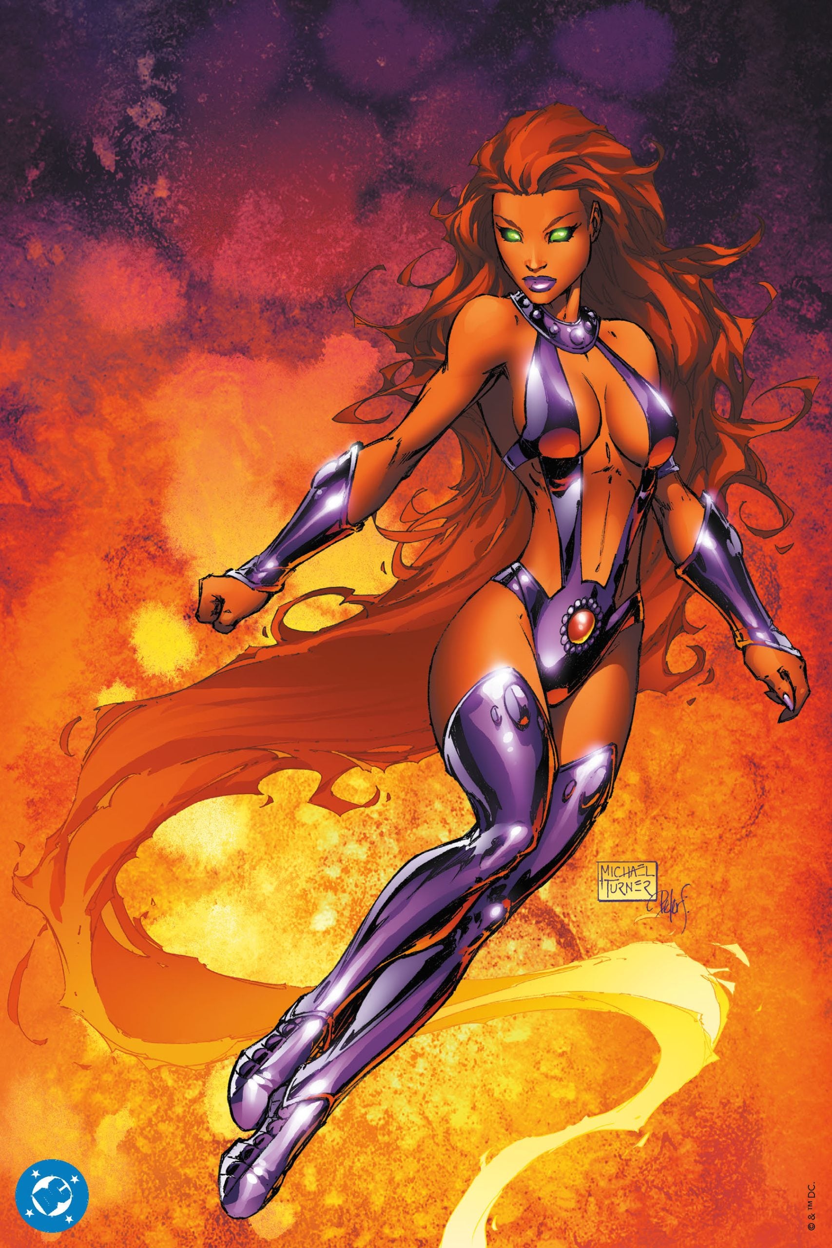A female superhero with long red hair and glowing green eyes is wearing a metallic purple outfit, floating in front of an orange and purple cosmic background.