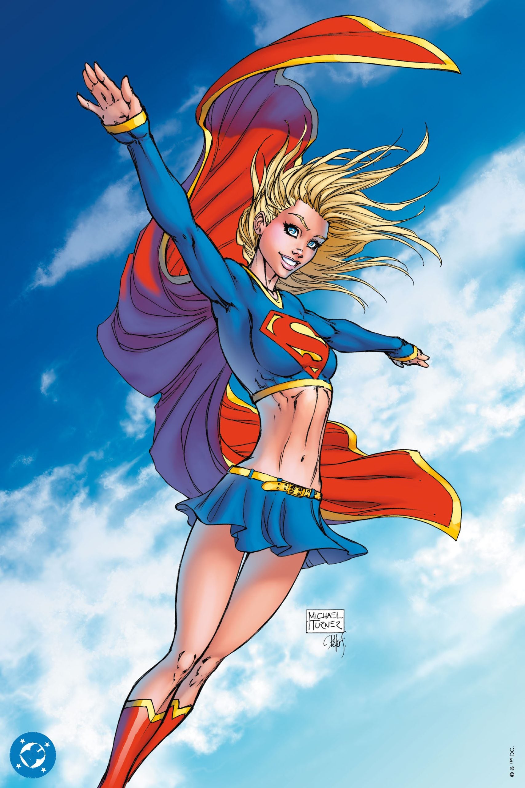 Comic-style illustration of Supergirl flying in the sky with her arms outstretched, wearing a blue and red costume with an "S" emblem and a red cape.