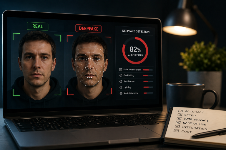 What To Evaluate When Comparing Deepfake Detection Laptop screen shows side-by-side real and deepfake faces with detection statistics; checklist with accuracy and privacy written on notepad beside a coffee mug.