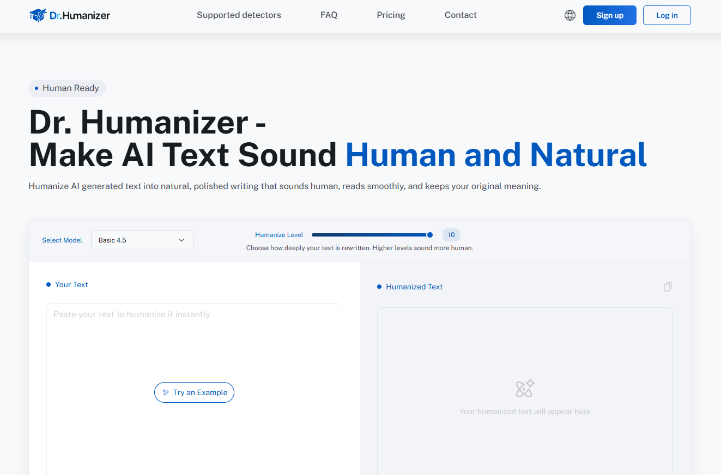 Dr. Humanizer Credits Only Count After You Keep A Draft Screenshot of the Dr. Humanizer website homepage, showing options to make AI-generated text sound more human and natural, with a text input box and settings for model and humanize level.