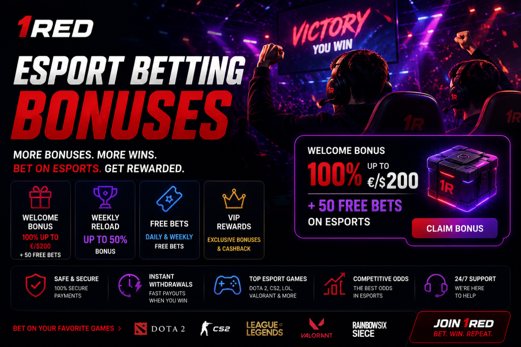 How To Bet on Esports In 2026: A Beginner’s Guide To Markets And Strategy Two gamers celebrate a win in front of screens. Overlay text advertises esports betting bonuses, welcome offers, and popular games like Dota 2 and League of Legends.