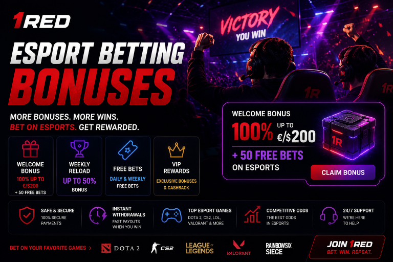Two gamers celebrate a win in front of screens. Overlay text advertises esports betting bonuses, welcome offers, and popular games like Dota 2 and League of Legends.