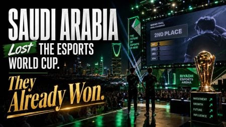 Two people onstage at Riyadh Esports Arena, large trophy in foreground, scoreboard showing 2nd place; city skyline and event graphics in background, text overlays discuss Saudi Arabia's esports impact.