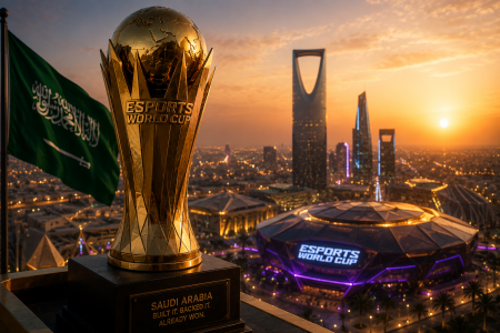 A gold Esports World Cup trophy stands in front of Riyadh’s skyline at sunset, with a Saudi Arabian flag and a stadium displaying "ESPORTS WORLD CUP.