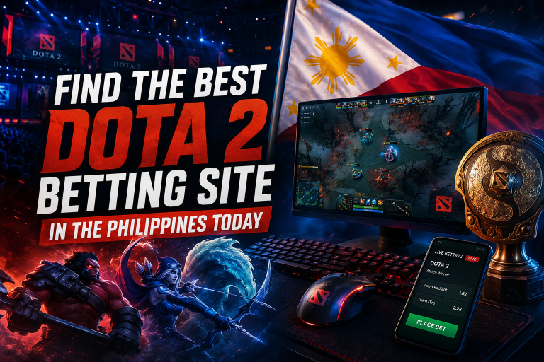 How To Find The Best Dota 2 Betting Site In The Philippines: Guide For Smart Esports Bettors A gaming setup with Dota 2 on the screen, Philippine flag, trophy, and text promoting Dota 2 betting sites in the Philippines.