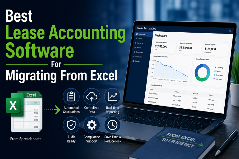A laptop displays lease accounting software dashboard; text highlights benefits of switching from Excel to specialized software, showing features like real-time reporting and automated calculations.
