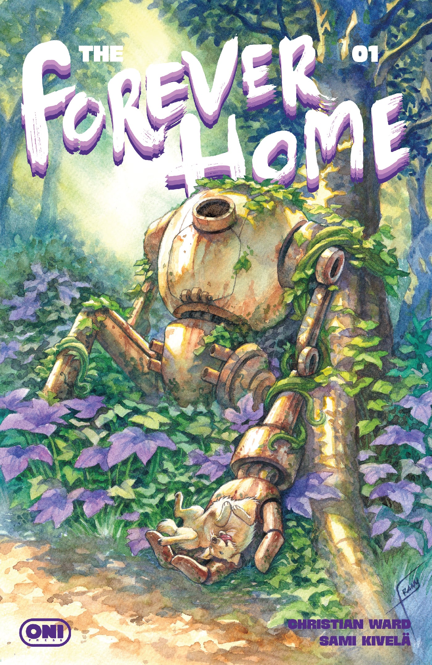 A moss-covered, broken robot lies in a lush forest overgrown with plants and purple flowers. The comic title "The Forever Home" is at the top.