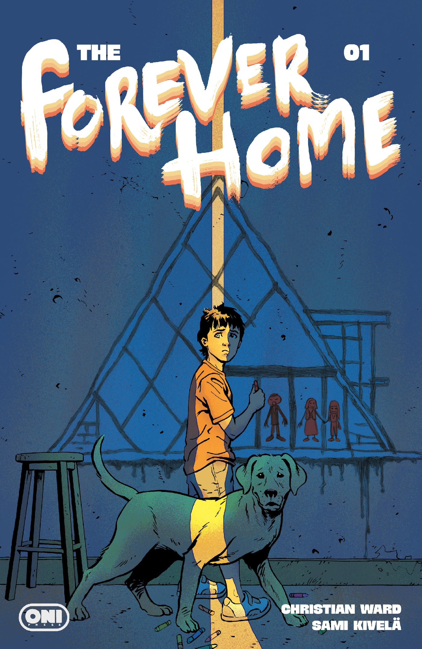 A boy stands next to a large dog in a dimly lit room with a ladder, a window, and paintings of figures on an easel. The title "The Forever Home" appears above them.