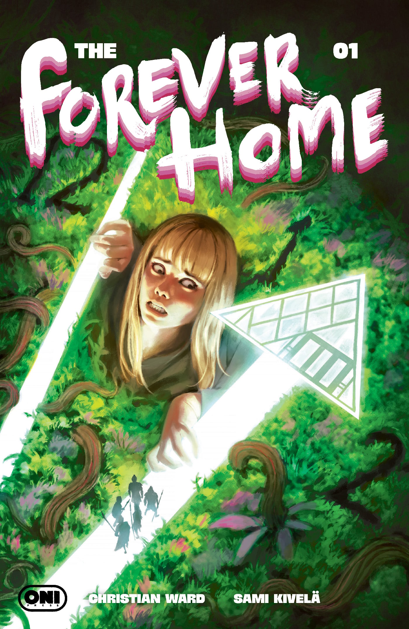A woman peers through a glowing triangular opening in a forest, with two small figures walking below. The title "The Forever Home" appears at the top.