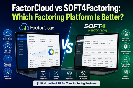 FactorCloud vs SOFT4Factoring: Which Factoring Platform Is Better? Two laptop screens show dashboards for FactorCloud and SOFT4Factoring, with icons highlighting features such as security, reporting, integrations, and support. Text asks which factoring platform is better.