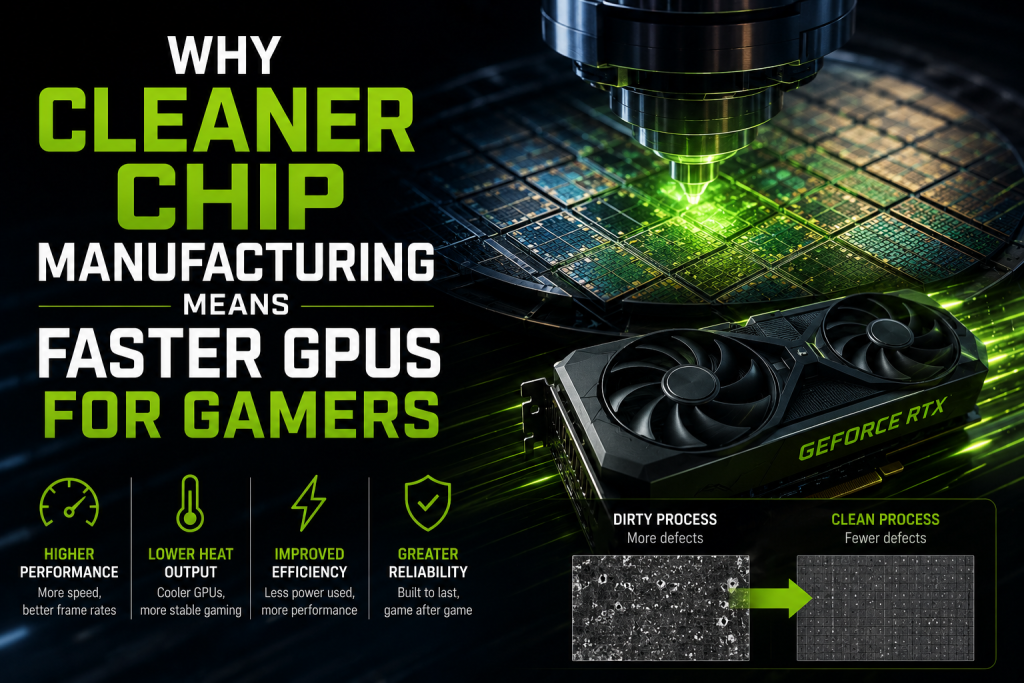 Pavel Perlov on Why Cleaner Chip Manufacturing Means Faster GPUs For Gamers A graphic explains that cleaner chip manufacturing leads to faster GPUs for gamers, showing benefits and comparing dirty and clean manufacturing processes.