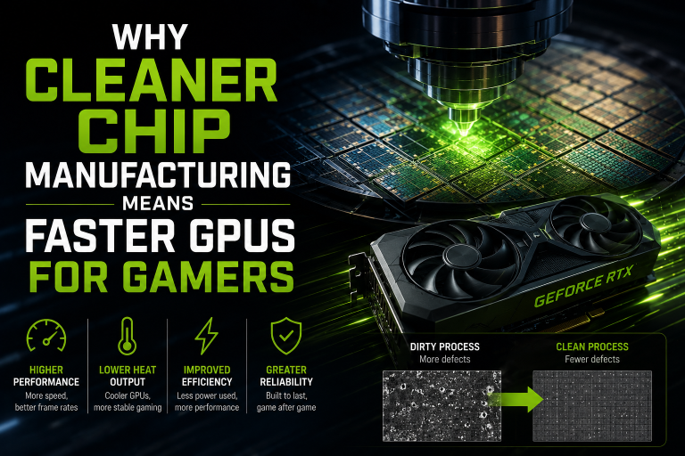 Pavel Perlov on Why Cleaner Chip Manufacturing Means Faster GPUs For Gamers A graphic explains that cleaner chip manufacturing leads to faster GPUs for gamers, showing benefits and comparing dirty and clean manufacturing processes.