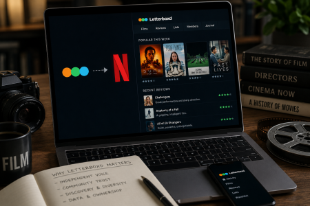 Netflix Acquisition Talks Threaten To Upend Letterboxd’s Film Community Model A laptop displays the Letterboxd website and Netflix logo. A notebook, phone, books, camera lens, and coffee cup are nearby on a wooden desk.
