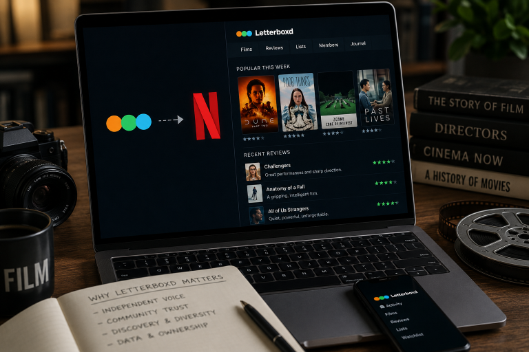 Netflix Acquisition Talks Threaten To Upend Letterboxd’s Film Community Model A laptop displays the Letterboxd website and Netflix logo. A notebook, phone, books, camera lens, and coffee cup are nearby on a wooden desk.