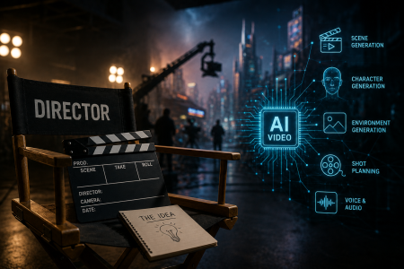 A director’s chair and clapperboard on a film set with AI video production icons for scene, character, environment generation, shot planning, and voice/audio.