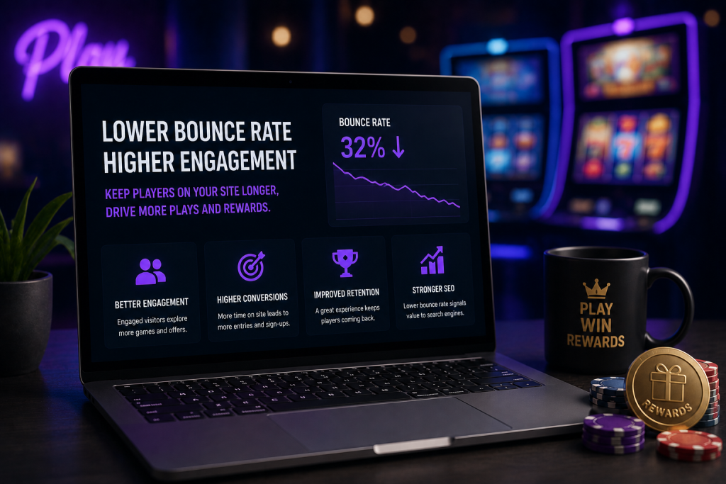 A laptop on a desk displays a website analytics dashboard about lowering bounce rate and increasing engagement, with bar graphs and key metrics. Slot machines are visible in the blurred background.