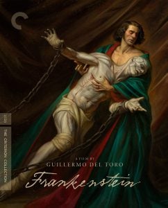 An illustrated man in robes holds a chained, pale figure with scars. Text reads: “A film by Guillermo del Toro, Frankenstein.” Criterion Collection label is on the left.