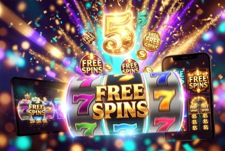 5 Reasons To Try Free Spins Before A Deep Dive A slot machine displays "FREE SPINS" with gold sevens, surrounded by smartphones, coins, and a glowing number 5 in a vibrant, colorful casino-themed setting.
