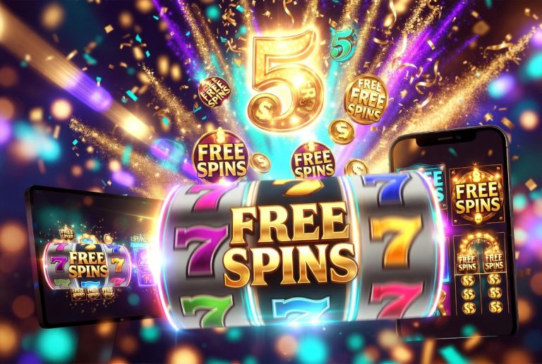 A slot machine displays "FREE SPINS" with gold sevens, surrounded by smartphones, coins, and a glowing number 5 in a vibrant, colorful casino-themed setting.