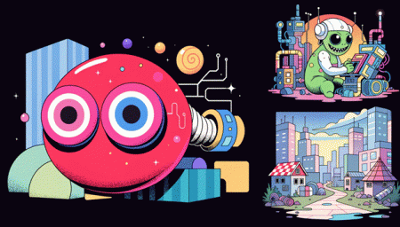A large, pink, round robot with wide eyes is on the left; on the right, a green robot builds a machine above a pastel cityscape scene.