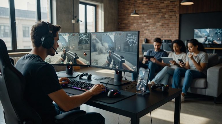 The Future of Mobile Gaming And Its Integration With PC Titles Like CS2 A person wearing headphones plays a first-person shooter game on a dual-monitor setup, while three people sit on a couch in the background using mobile devices.