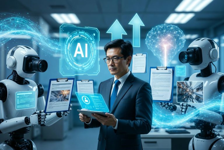 The Future of Public Adjusting In An AI-Driven Insurance Industry A man in a suit interacts with two humanoid robots holding digital tablets, surrounded by holographic AI and data graphics in a modern tech lab.
