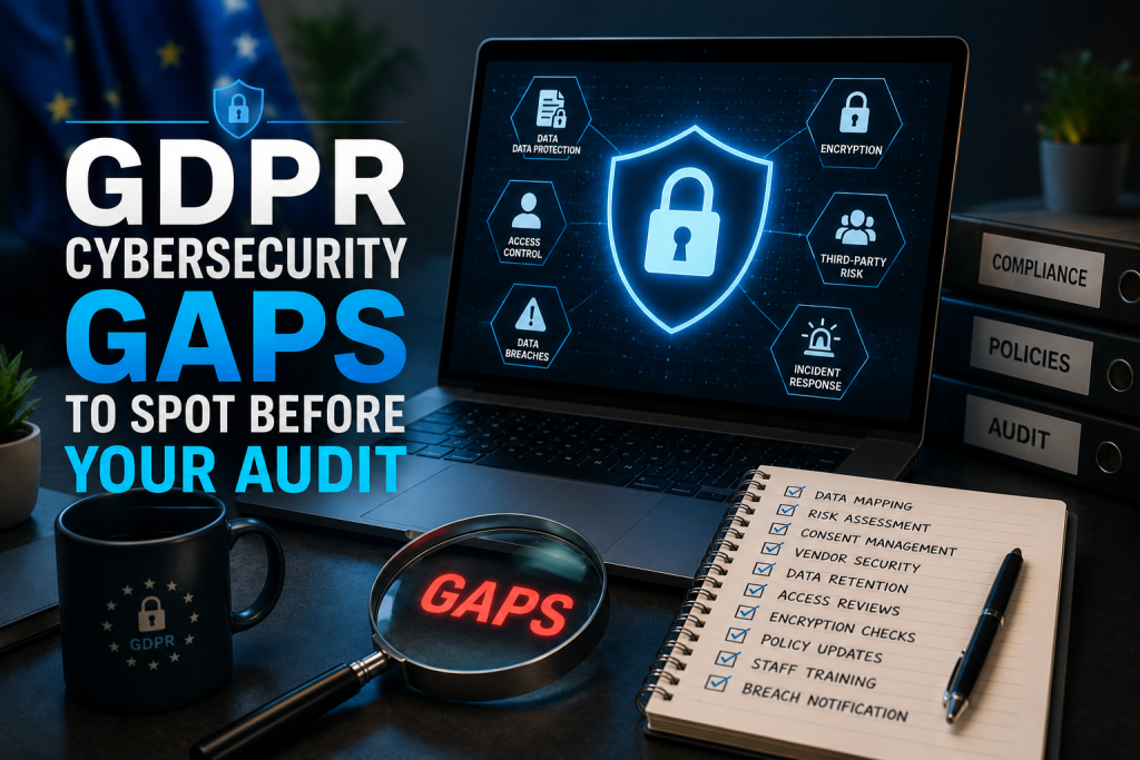 Before An Audit, Review Your GDPR Cybersecurity Gaps Laptop displays cybersecurity icons; text reads “GDPR Cybersecurity Gaps to Spot Before Your Audit.” A magnifying glass, notepad with checklist, and labeled folders are on the desk.