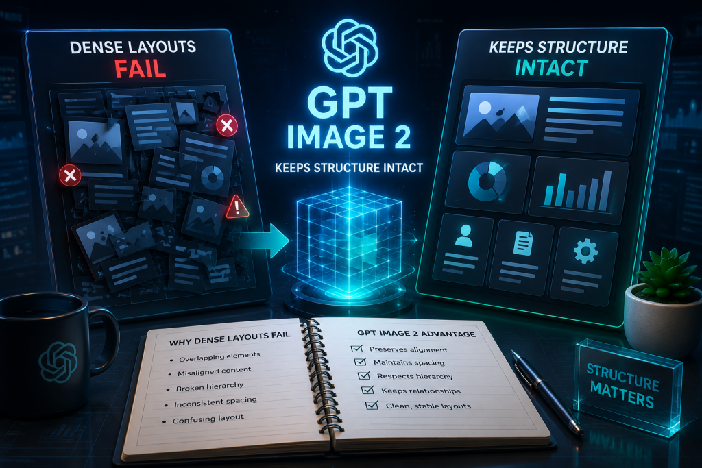 Dense Layouts Fail Until GPT Image 2 Keeps Structure Intact A comparison chart shows “Dense Layouts Fail” with cluttered images and “Keeps Structure Intact” with organized blocks, highlighting GPT Image 2′s advantages in structure preservation.