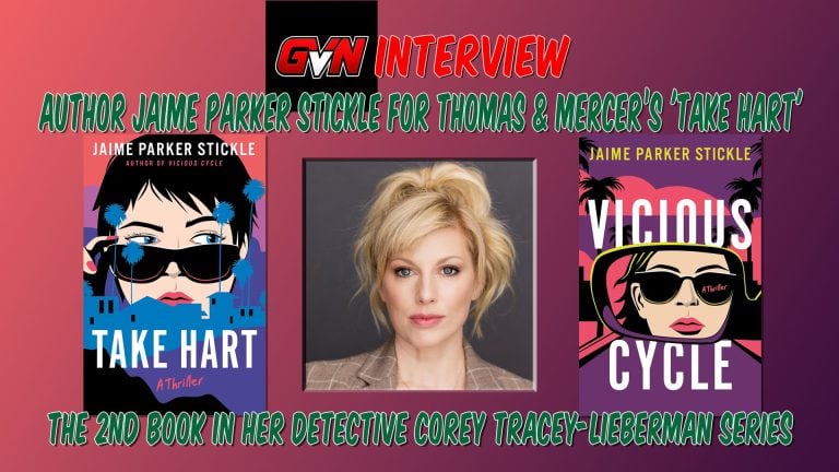 GVN Talking Comics: Interview With Jaime Parker Stickle, Author of Thomas & Mercer’s ‘Take Hart’ A woman is centered between two illustrated book covers titled “Take Hart” and “Vicious Cycle” by Jaime Parker Stickle. Text promotes an interview and the Detective Corey Tracey-Lieberman series.