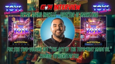 GVN Interview: Bryan Adams (Nacelle Director of Marketing) on “The Art of the Toys that Made Us” Two-Volume Set Bryan Adams, Director of Marketing, in front of "The Toys That Made Us" covers, with text about a Kickstarter release for a two-volume set, "The Art of The Toys That Made Us.
