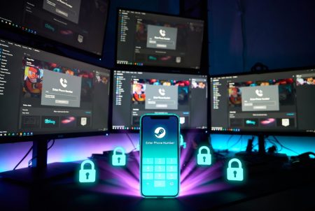 Why Every Game Launcher Suddenly Wants Your Phone Number A smartphone with a login screen is surrounded by glowing lock icons, in front of multiple computer monitors displaying security-related screens.