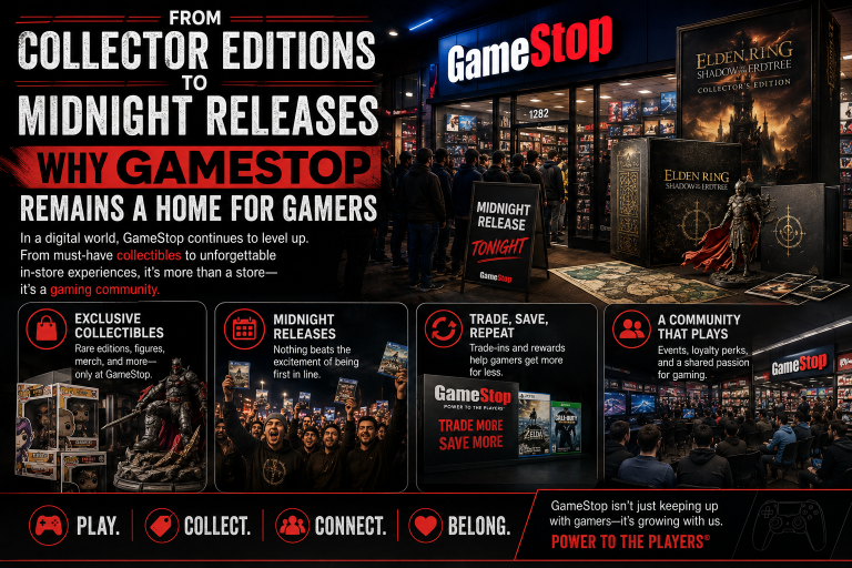 From Collector Editions To Midnight Releases: Why GameStop Remains A Home For Gamers GameStop storefront at night advertises an Elden Ring midnight release; interior shows displays, customers, and promotional signage highlighting exclusive releases, trade-ins, and gaming community events.