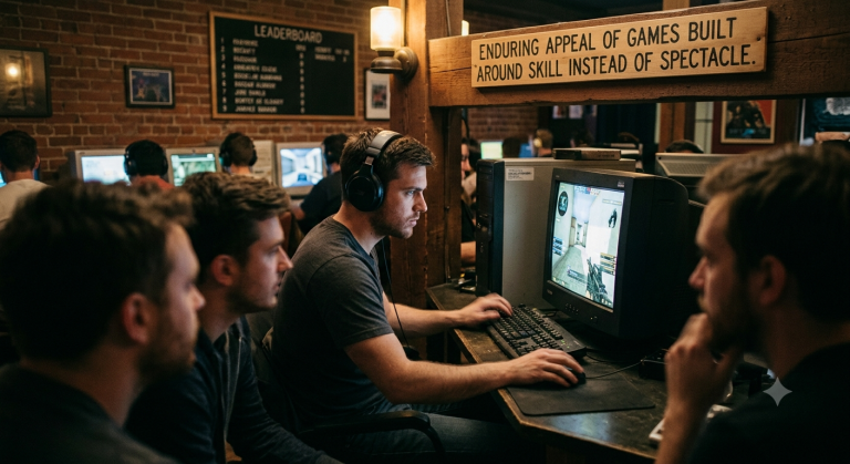 The Enduring Appeal of Games Built Around Skill Instead of Spectacle Several people are seated at computers in a gaming lounge, wearing headphones and playing video games. A sign above reads, "Enduring appeal of games built around skill instead of spectacle.