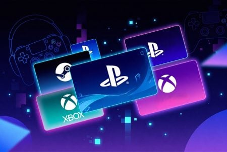What to Do With Gaming Gift Cards You Never Used (The Smart Gamer’s Guide) Various digital gift cards for PlayStation, Xbox, and Steam are displayed with neon color effects and gaming controller icons in the background.