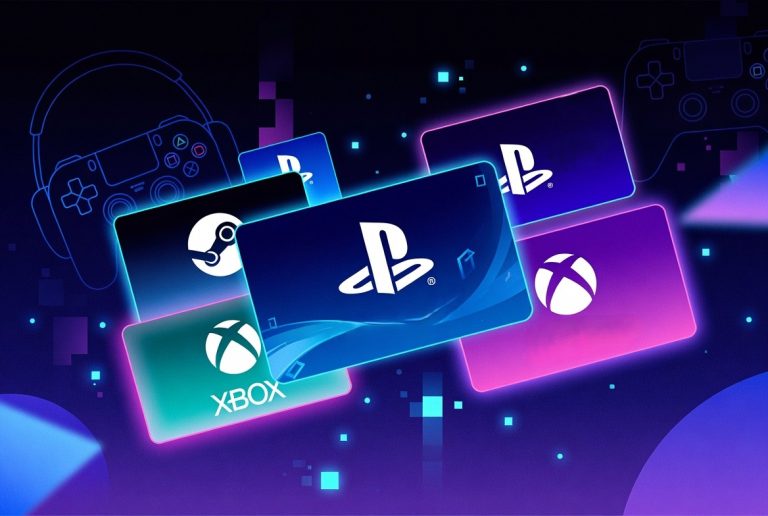 What to Do With Gaming Gift Cards You Never Used (The Smart Gamer’s Guide) Various digital gift cards for PlayStation, Xbox, and Steam are displayed with neon color effects and gaming controller icons in the background.
