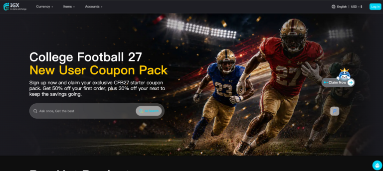 Three American football players run on a field at night with stadium lights. Text promotes a College Football 27 coupon pack and a 50% discount for new users on a website.