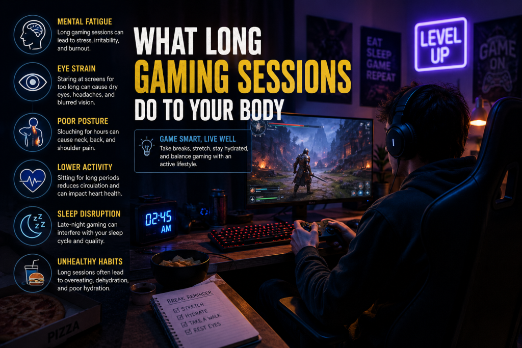 A person plays a video game at a desk in a dark room. Text explains negative effects of long gaming sessions, like eye strain, poor posture, and disrupted sleep.
