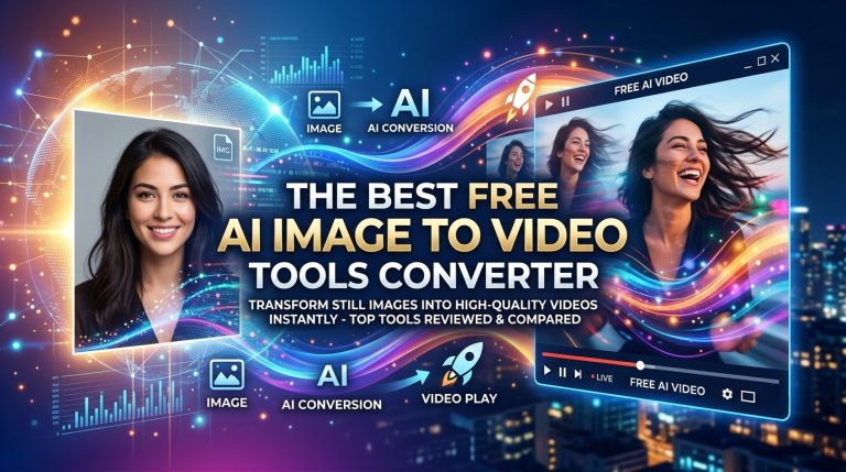 Digital graphic showing AI image-to-video conversion, with images of a woman transforming into video frames, text promoting best free AI image-to-video tools, and cityscape background.