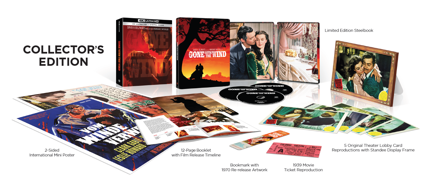 Gone with the Wind collector’s edition with DVDs, a steelbook, poster, booklet, ticket reproduction, bookmark, and five lobby card reproductions displayed on a white background.
