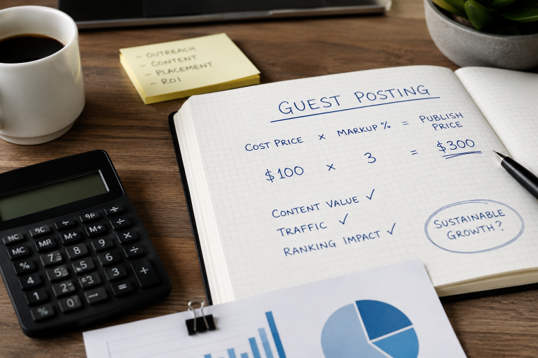 Notebook with a guest posting cost formula, calculator, coffee, graph, and sticky notes with marketing terms on a wooden desk.