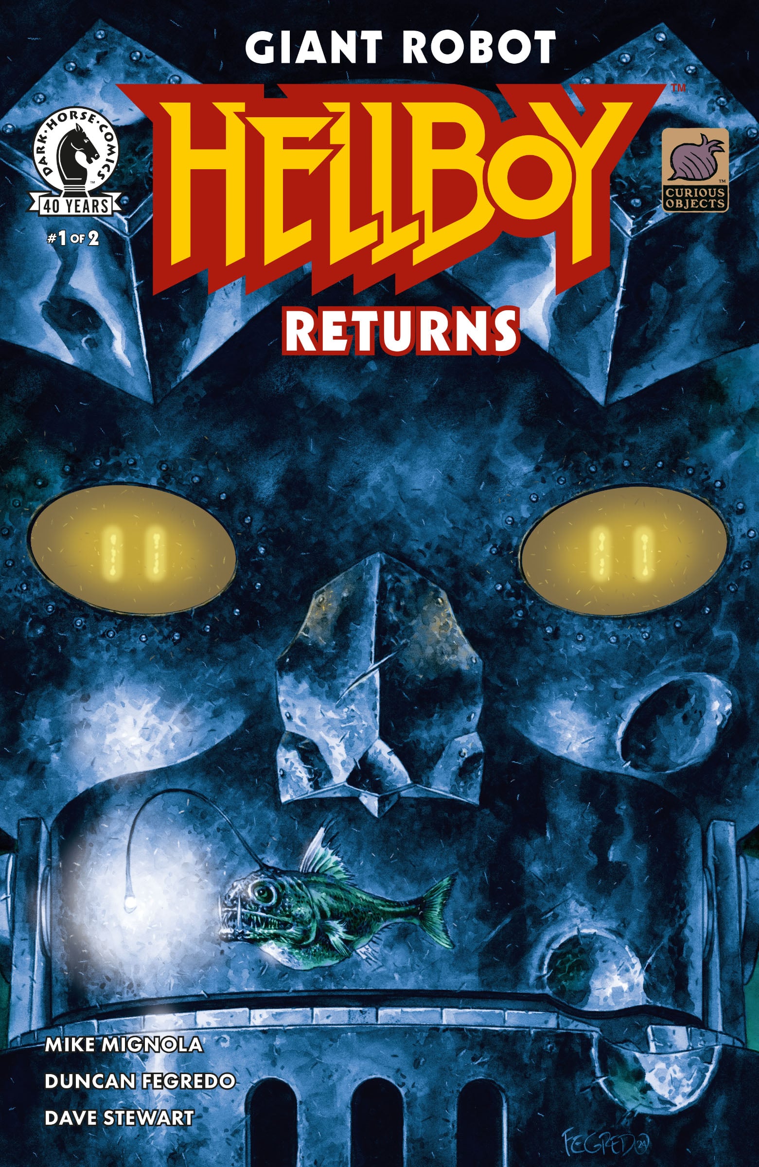 A comic book cover shows a giant robot face with glowing eyes and Hellboy standing in front, holding a fish. The title reads "Hellboy Returns.