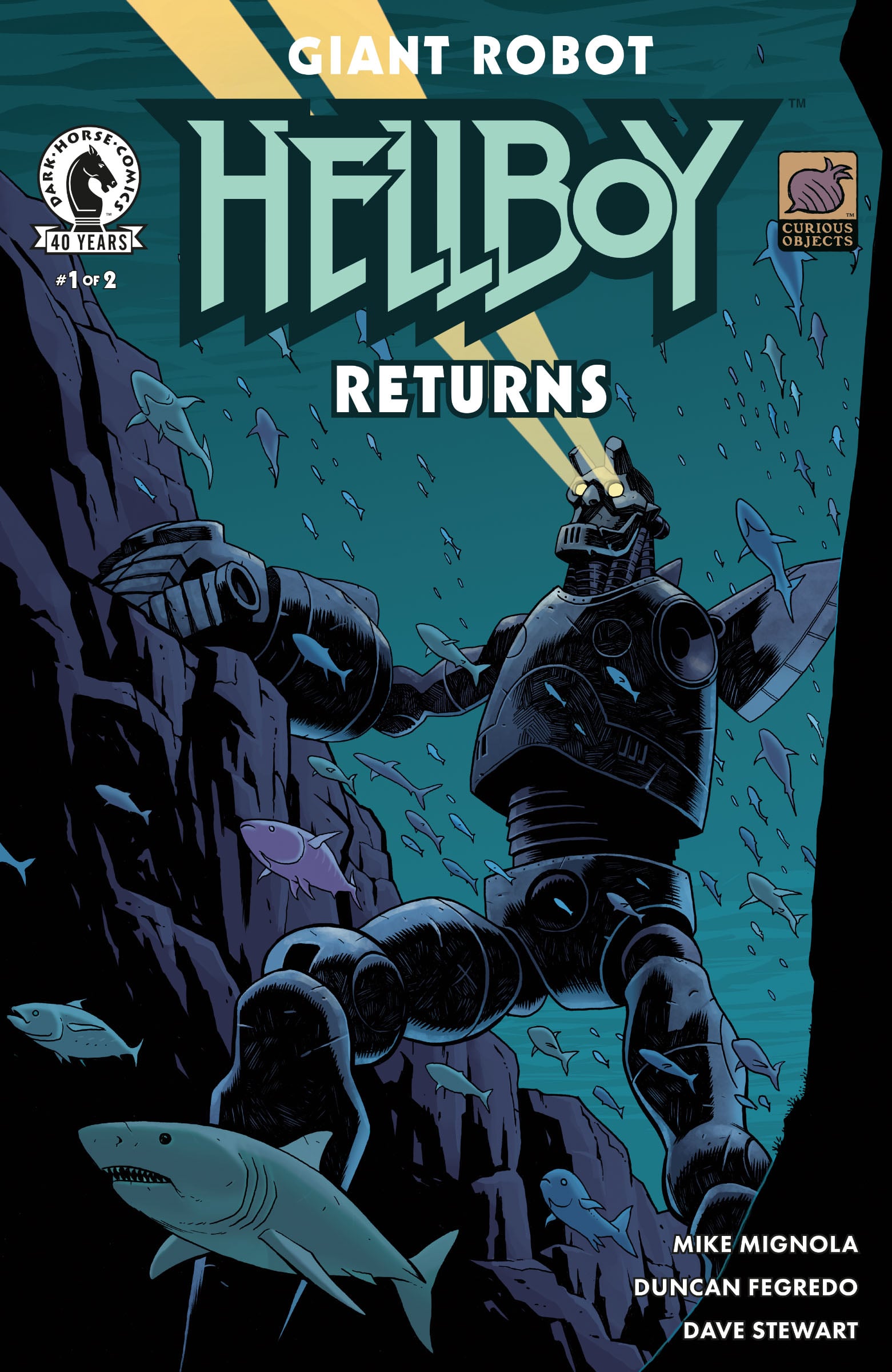 A giant robot with horns and glowing eyes walks underwater among sharks and fish on the cover of a comic titled "Giant Robot Hellboy Returns.