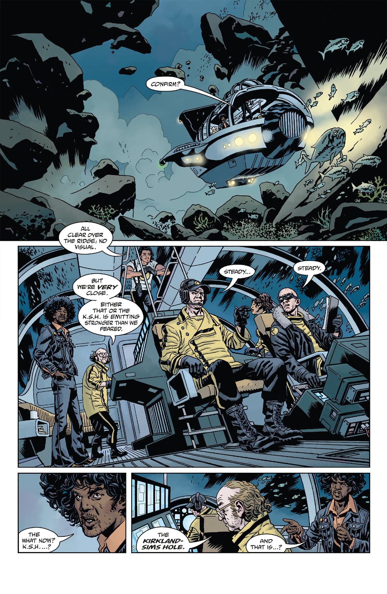 A futuristic submarine travels underwater; inside, a diverse crew operates controls and discusses their mission in a tense atmosphere.