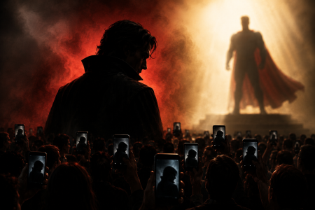A crowd holds up phones, recording a shadowed man in front of a brightly lit figure in a cape on a platform, with red and yellow light filling the scene.