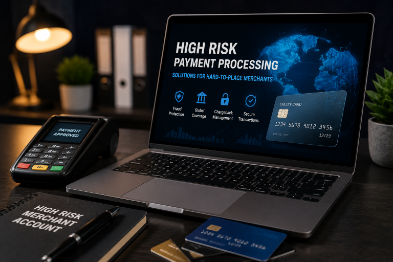 Top 5 High Risk Payment Processors For Hard-to-Place Merchants A laptop displays “High Risk Payment Processing” beside a payment terminal, credit cards, pens, and a notebook labeled “High Risk Merchant Account” on a desk.