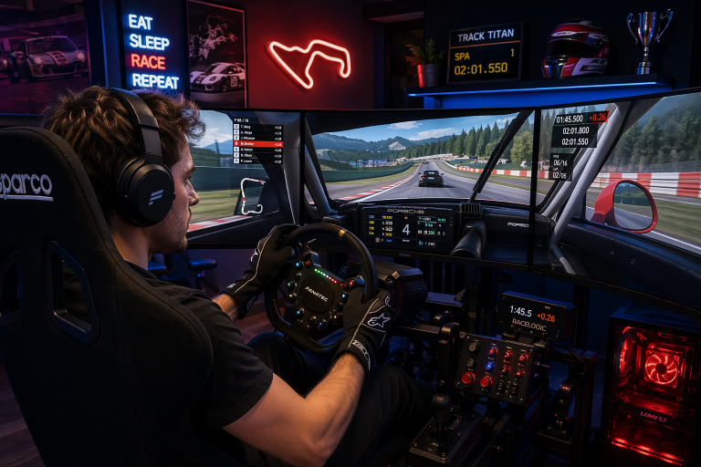 A man wearing headphones uses a racing simulator setup with multiple monitors, steering wheel, and pedals, displaying a racing game. Racing decor and leaderboard are visible in the background.