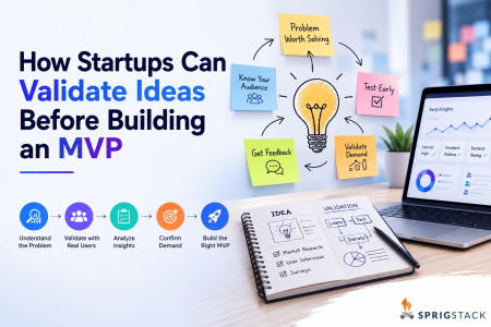 How Startups Can Validate Ideas Before Building An MVP A laptop displays charts while a notebook shows a validation process. Headline reads, “How Startups Can Validate Ideas Before Building an MVP.” Five illustrated steps are listed on the left.