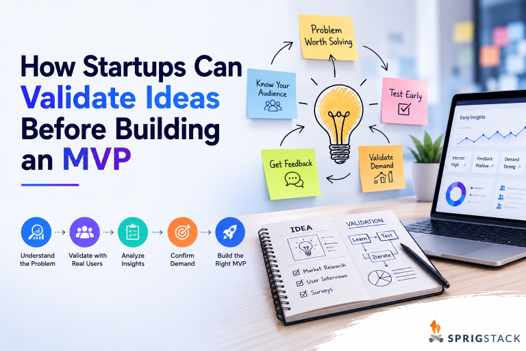 How Startups Can Validate Ideas Before Building An MVP A laptop displays charts while a notebook shows a validation process. Headline reads, “How Startups Can Validate Ideas Before Building an MVP.” Five illustrated steps are listed on the left.