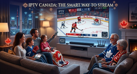 How Streaming Technology Is Changing Home Entertainment In Canada A family watches an ice hockey game on a large TV in a modern living room, streaming via IPTV Canada, with digital devices and Canadian decor visible.